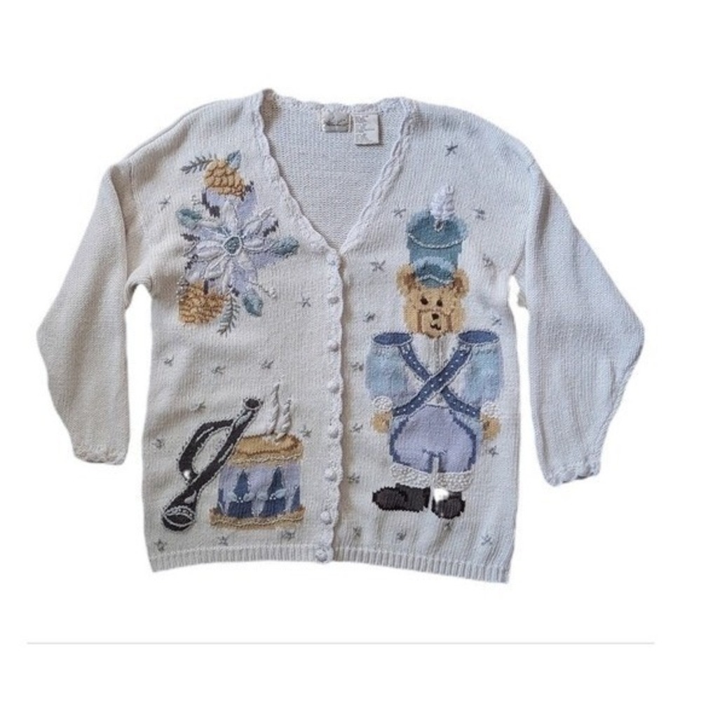 Vintage 90sCabincore Embroidered Teddy Bear Ugly Christmas Cable Knit Cardigan